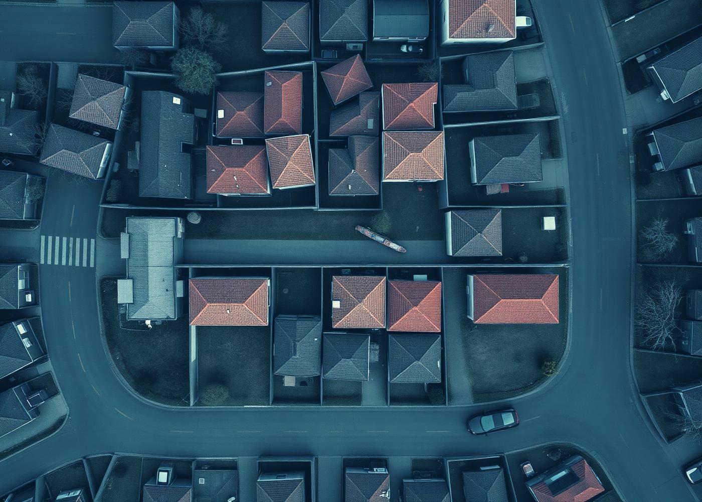 Satellite imagery of a neighbourhood with one roof traced facet by facet